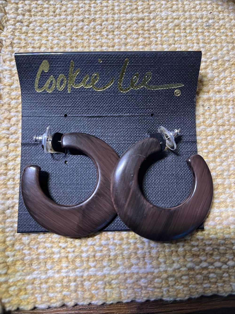 Cookie Lee faux wood grain Crescent Hoop Earrings New